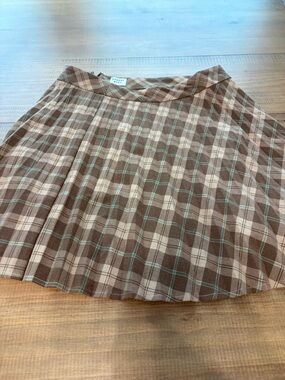 Sunday Best Brown Plaid Pleated Skirt with Teal Accents